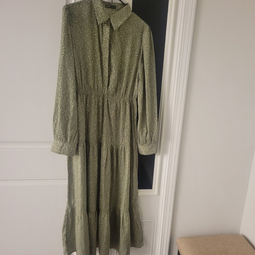 Shein Long Sleeve Maxi Dress Prairie Tiers Belt Green Floral sz L US 8/10 Cute - Picture 8 of 11